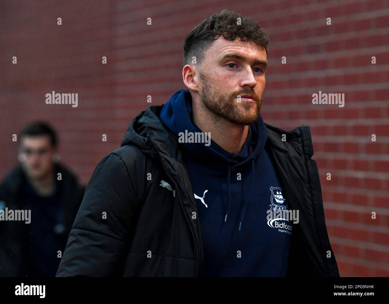 Dan Scarr #6 of Plymouth Argyle arrives during the Sky Bet League 1 match Accrington Stanley vs Plymouth Argyle at Wham Stadium, Accrington, United Kingdom, 21st March 2023  (Photo by Stan Kasala/News Images) Stock Photo