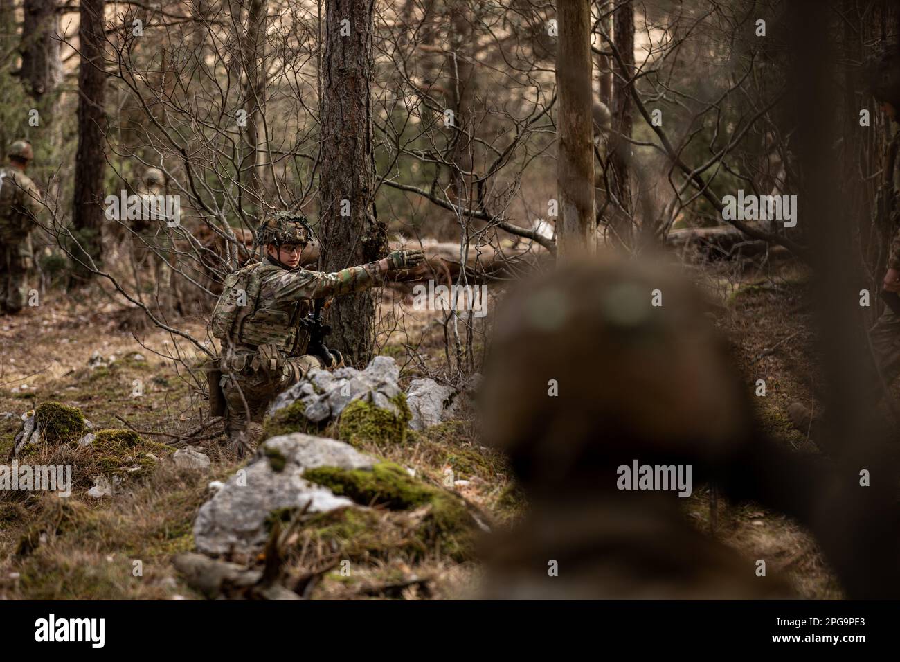 Postojna, Slovenia. 15th Mar, 2023. Infantry soldiers assigned to Battle Company, 2nd Battalion, 503rd Airborne Infantry Regiment, 173rd Airborne Brigade, prepare to step off and conduct squad live-fire and tactical movement training at PoÄek Range in Postojna, Slovenia, Mar. 15, 2023. The 173rd Airborne Brigade is the U.S. Army Contingency Response Force in Europe, capable of projecting ready forces anywhere in the U.S. European, Africa or Central Commands' areas of responsibility. Credit: U.S. Army/ZUMA Press Wire Service/ZUMAPRESS.com/Alamy Live News Stock Photo