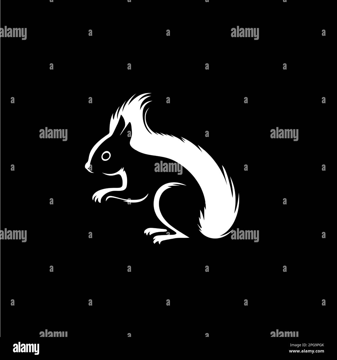 Squirrel head and tail icon, wild animal logo template. Hand drawing emblem on black background for body art and tattoo, minimalistic sketch art Stock Vector