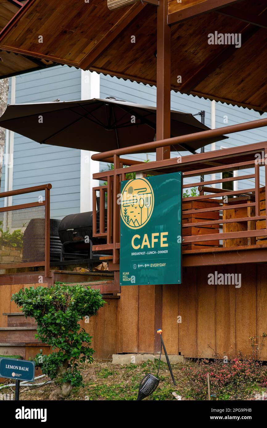 Perak, Malaysia - Oct 19,  2022 Cafe signboard at the Kuak Hill Resort in Lenggong. Stock Photo