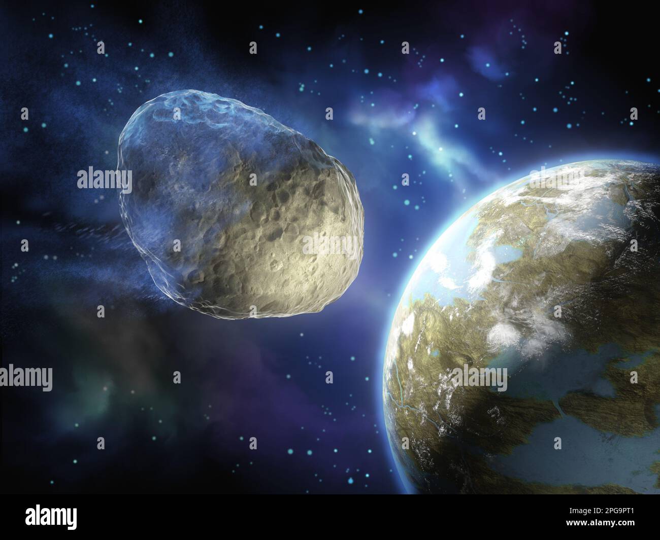 Asteroid on a collision path with an Earth-like planet. Digital illustration, 3d rendering. Stock Photo