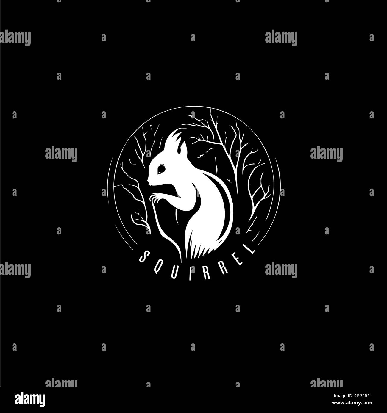 Squirrel head and tail icon, wild animal logo template. Hand drawing emblem on black background for body art and tattoo, minimalistic sketch art Stock Vector