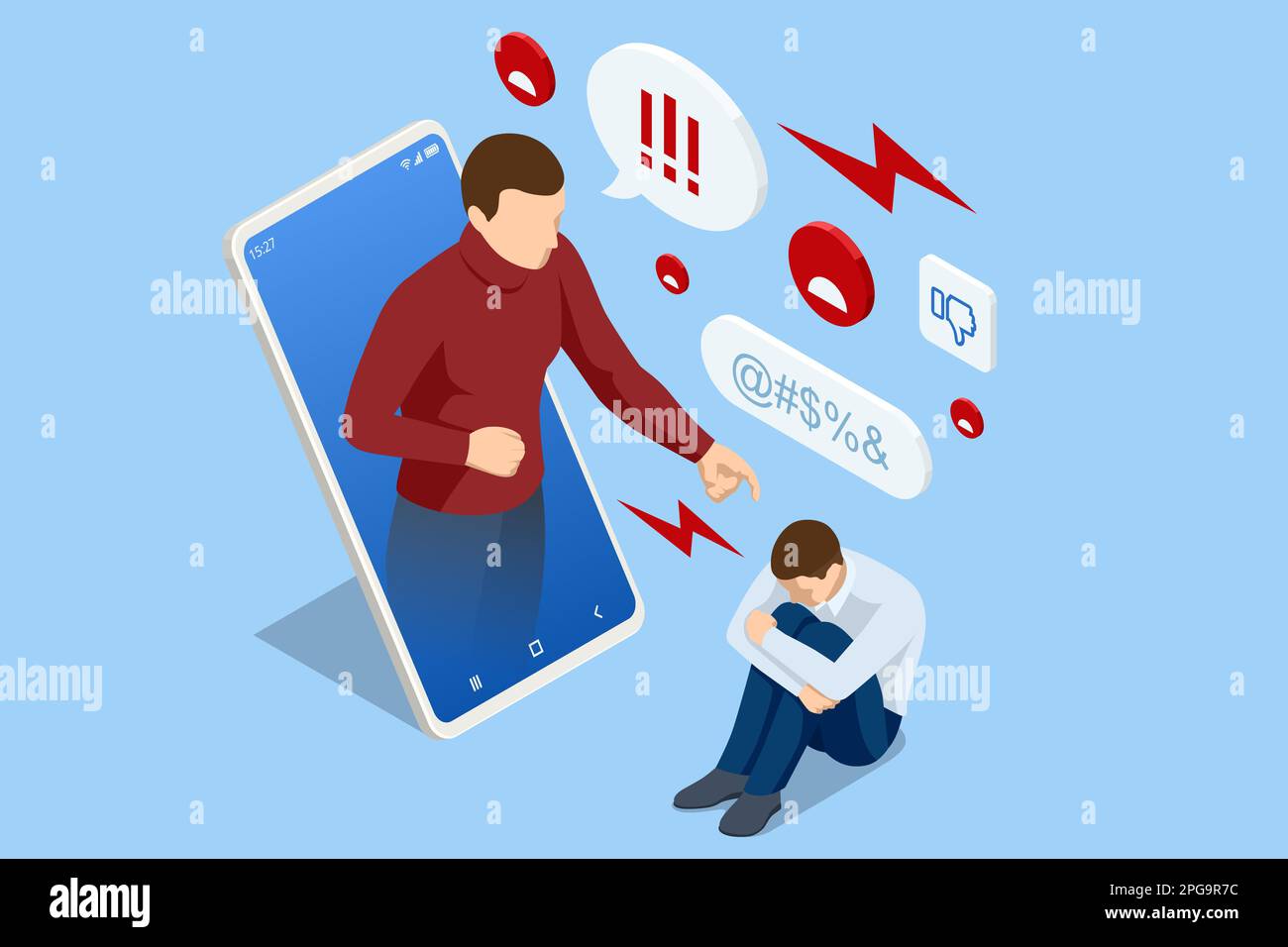 Isometric Cyberbullying or Bad Influence on the Internet. Cyberbullying Victim. Young man Crying in Front of Laptop Screen Due to Haters Messages. Stock Vector