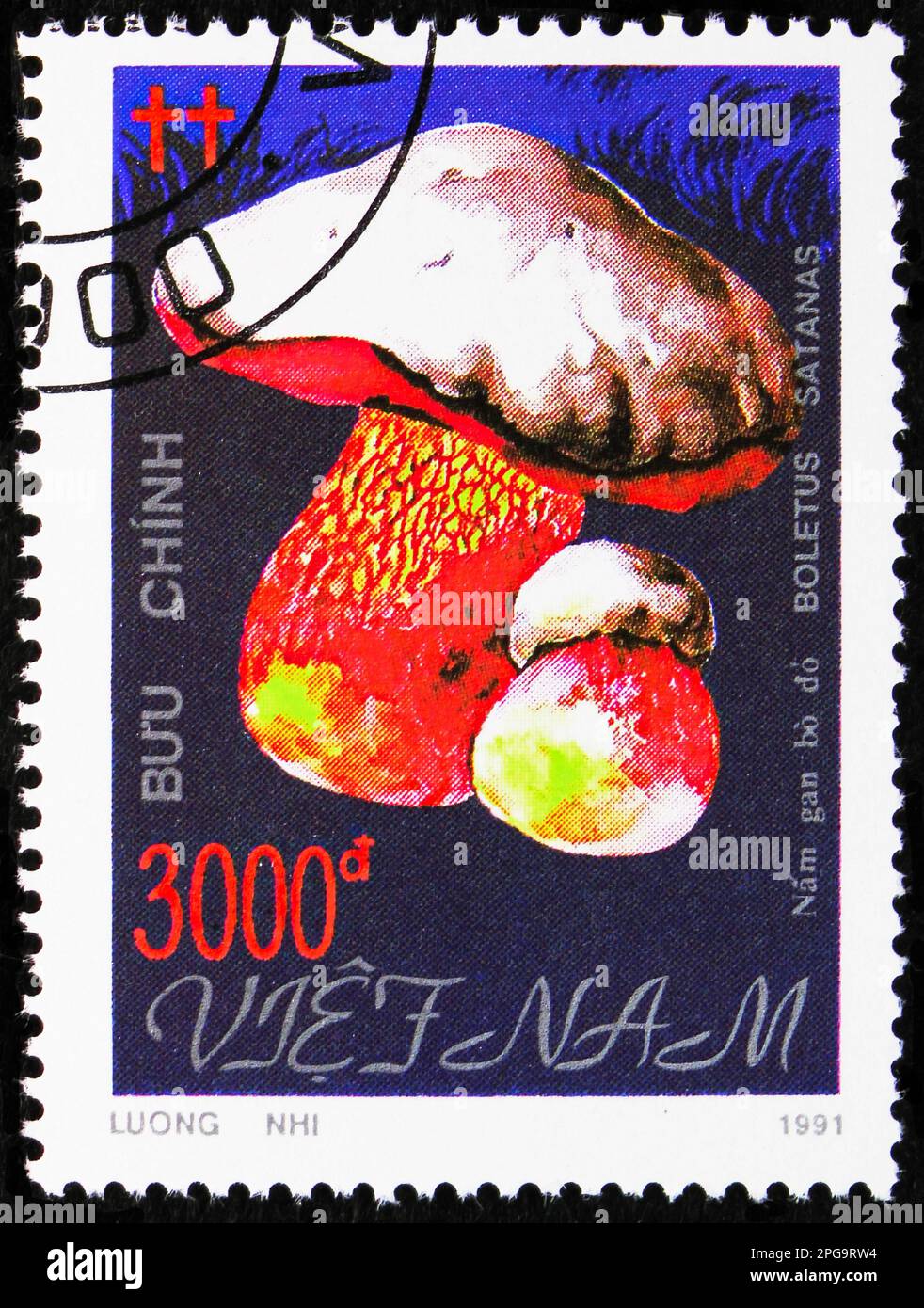 MOSCOW, RUSSIA - MARCH 16, 2023: Postage stamp printed in Vietnam shows Satan's Mushroom (boletus Satanas), Mushrooms serie, circa 1991 Stock Photo