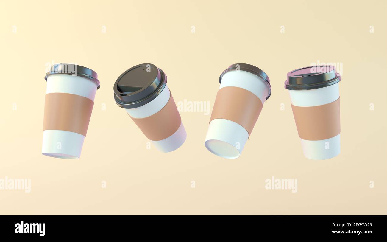Four flying paper cups on a beige background. Coffee cups from ...