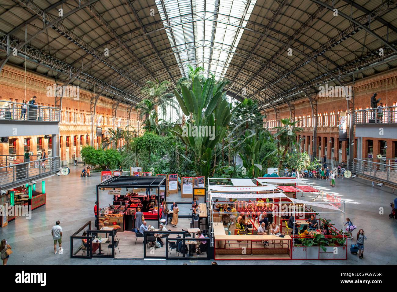 Greenhouse in Principal Hall. Bars and restaurants in Atocha train station in Madrid, Spain.  Madrid Atocha also named Madrid Puerta de Atocha–Almuden Stock Photo