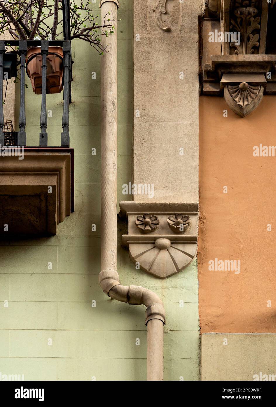 Shot in color detail on the facade of this historic building representing some character, animal or flower. Set at Eixample, Barcelona, Catalunya, Stock Photo