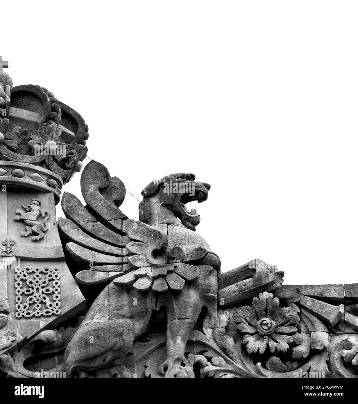 Shot color black and white detail on the facade of this historic building representing some character, animal or flower. Set at Prague, Czech Repúblic Stock Photo