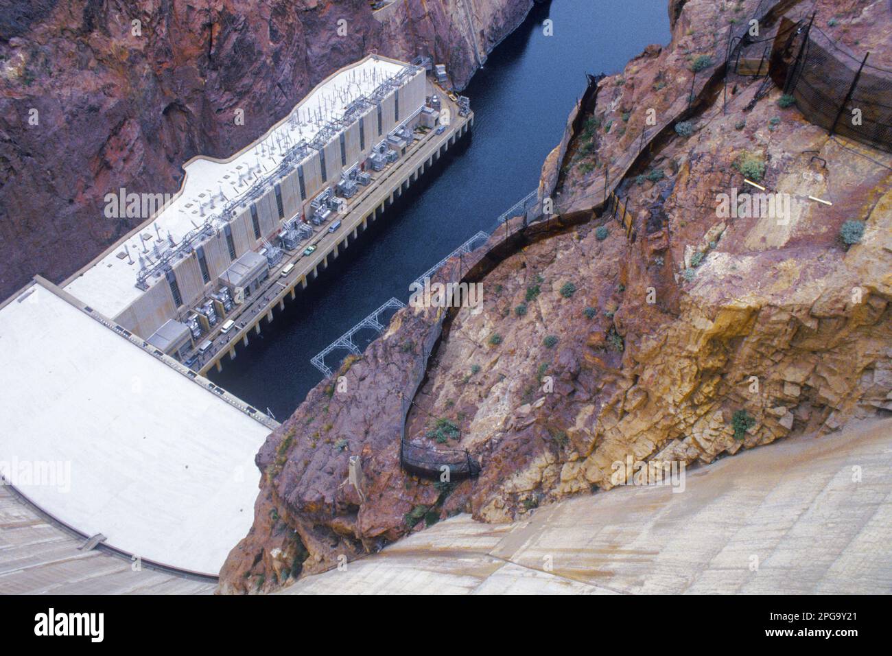 Hoover Dam Lake Mead aerial in Black Canyon of Colorado River in Clark County Nevada/Arizona. Water reservoir visitor center. Fuel, power, energy USA Stock Photo