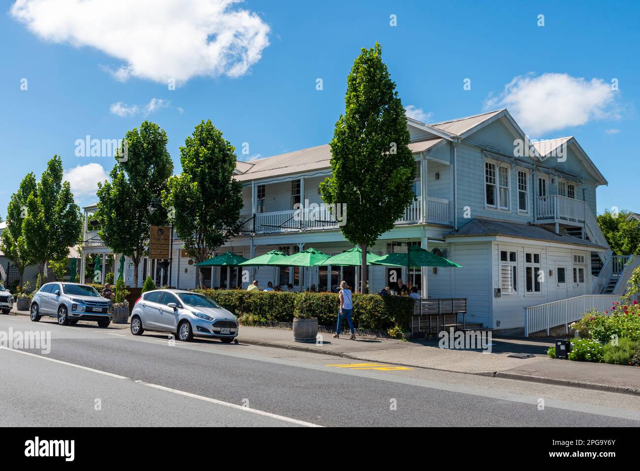 The White Swan Country Hotel. Historic building in Main Street, Greytown, New Zealand, transported from Gracefield. Greytown Community Heritage Trust Stock Photo