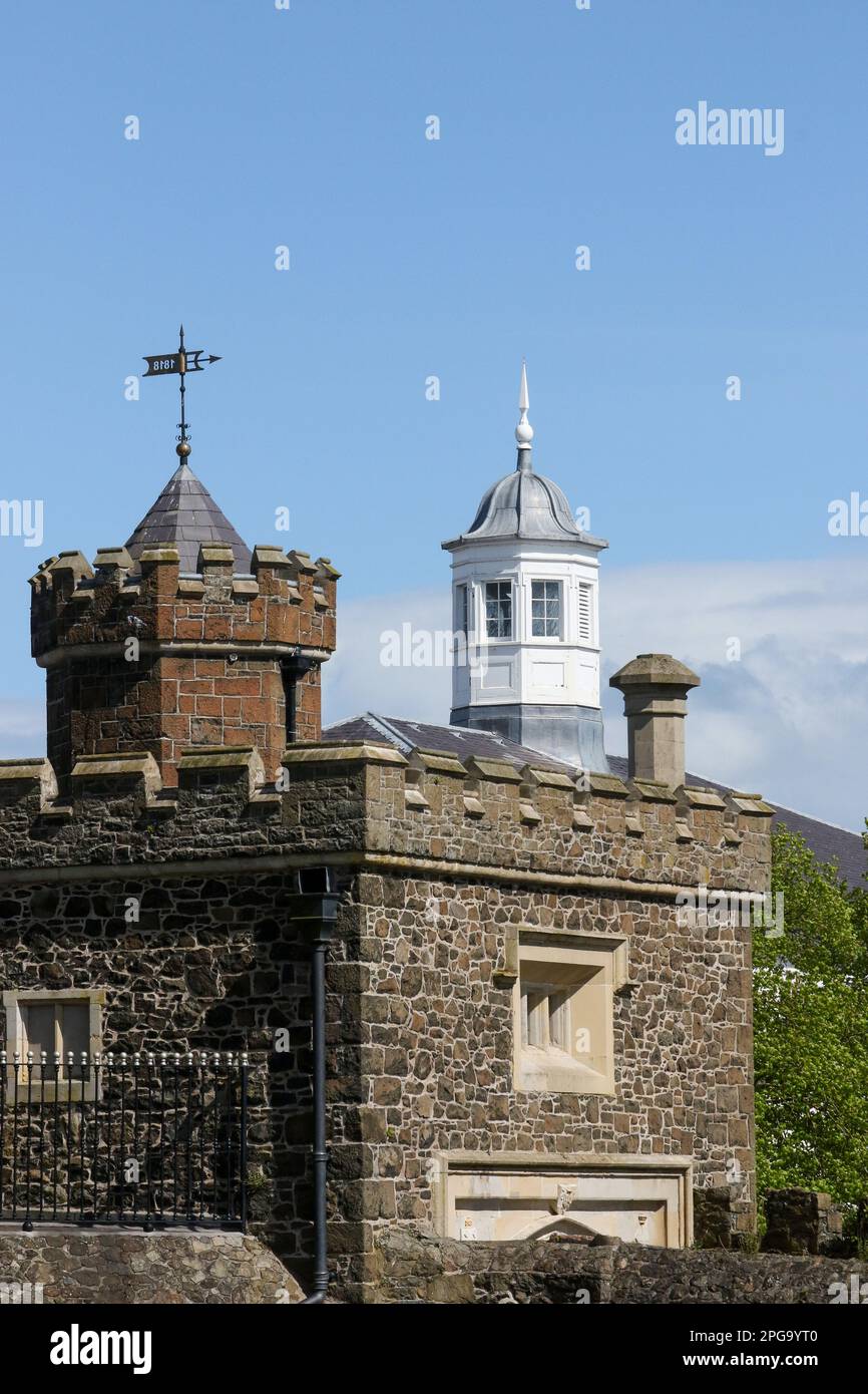 Old historic buildings in Antrim, the Barbican Gate Lodge and battlements with the Old