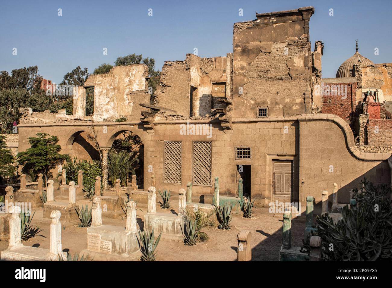 Tombstones at the city of the dead. The City of the Dead, or Cairo Necropolis, also referred to as the Qarafa is a series of vast Islamic-era necropolises and cemeteries in Cairo, Egypt. Stock Photo