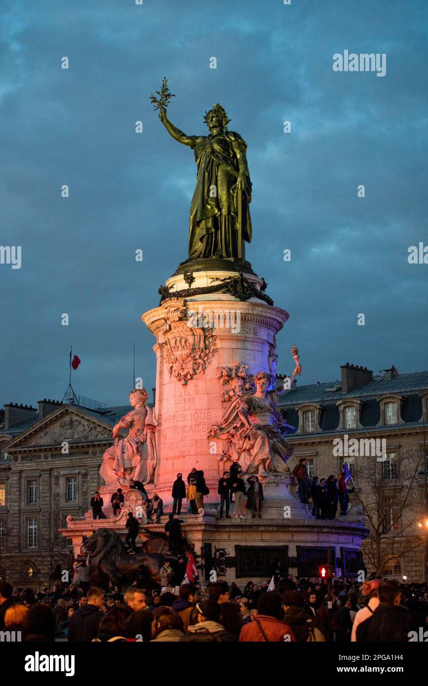 Paris, France. 21st Mar, 2023. PARIS, FRANCE - MARCH 21: Protestors gather on Place de Republique following the survival of French government in a No Confidence Vote after forcing through of a change in law to raise the retirement age in France, on March 21, 2023 in Paris, France. (Credit: Jeremy O'Donnell) Credit: Jeremy ODonnell/Alamy Live News Stock Photo