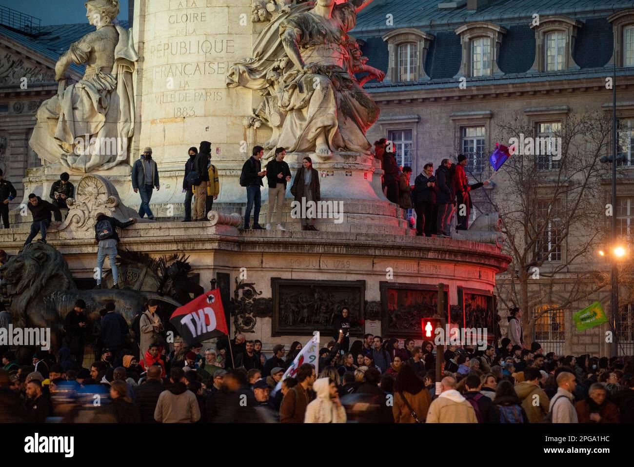 Paris, France. 21st Mar, 2023. PARIS, FRANCE - MARCH 21: Protestors gather on Place de Republique following the survival of French government in a No Confidence Vote after forcing through of a change in law to raise the retirement age in France, on March 21, 2023 in Paris, France. (Credit: Jeremy O'Donnell) Credit: Jeremy ODonnell/Alamy Live News Stock Photo