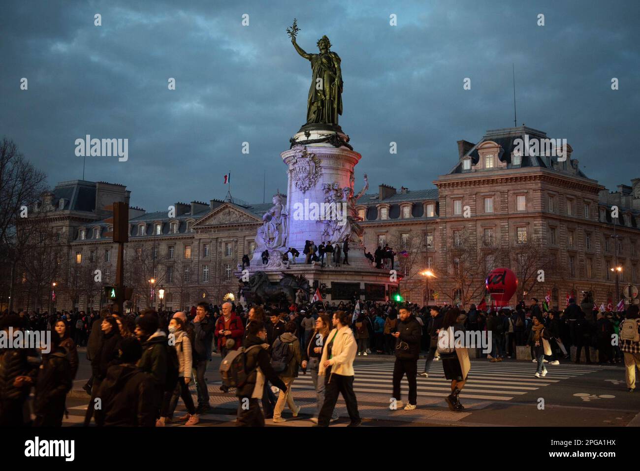 Paris, France. 21st Mar, 2023. PARIS, FRANCE - MARCH 21: Protestors gather on Place de Republique following the survival of French government in a No Confidence Vote after forcing through of a change in law to raise the retirement age in France, on March 21, 2023 in Paris, France. (Credit: Jeremy O'Donnell) Credit: Jeremy ODonnell/Alamy Live News Stock Photo