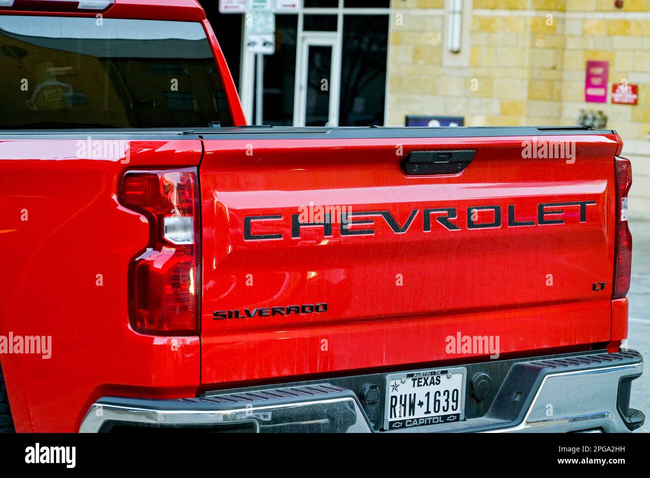 Austin, Texas, USA - February 2023: Close up view of the back of a Chevrolet Silverado pick up truck Stock Photo