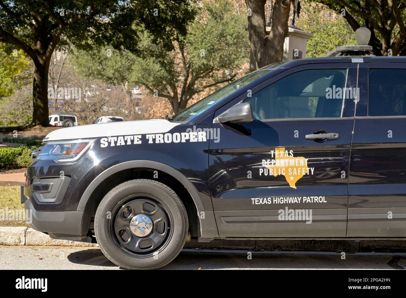 Austin, Texas, USA - February 2023: State Trooper police patrol car of the Texas Highway Patrol parked on a street in the city centre Stock Photo