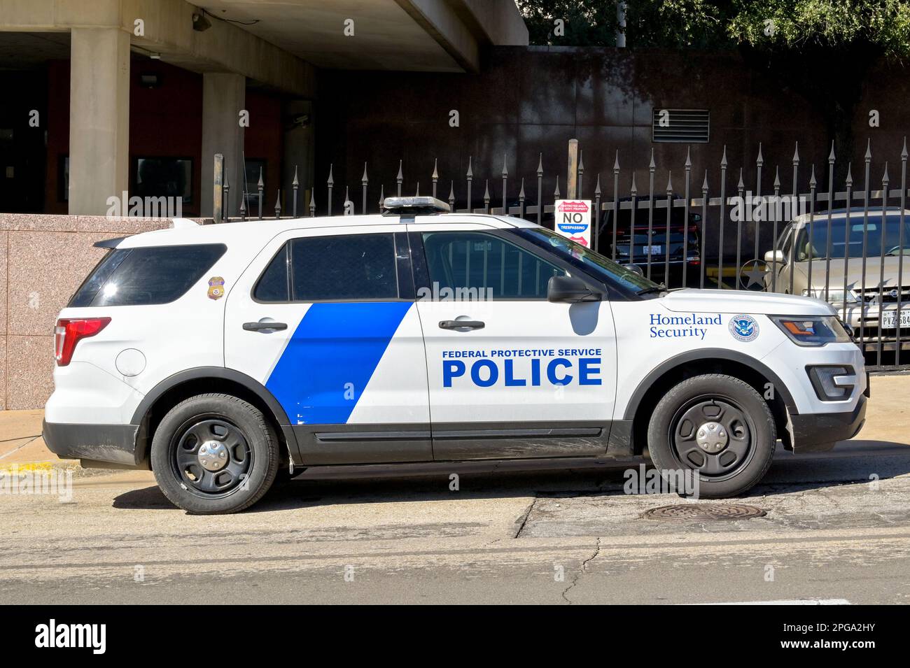 Austin, Texas, USA - February 2023: Federal police patrol car operated by the Department of Homeland Security parked on a street in the city centre Stock Photo