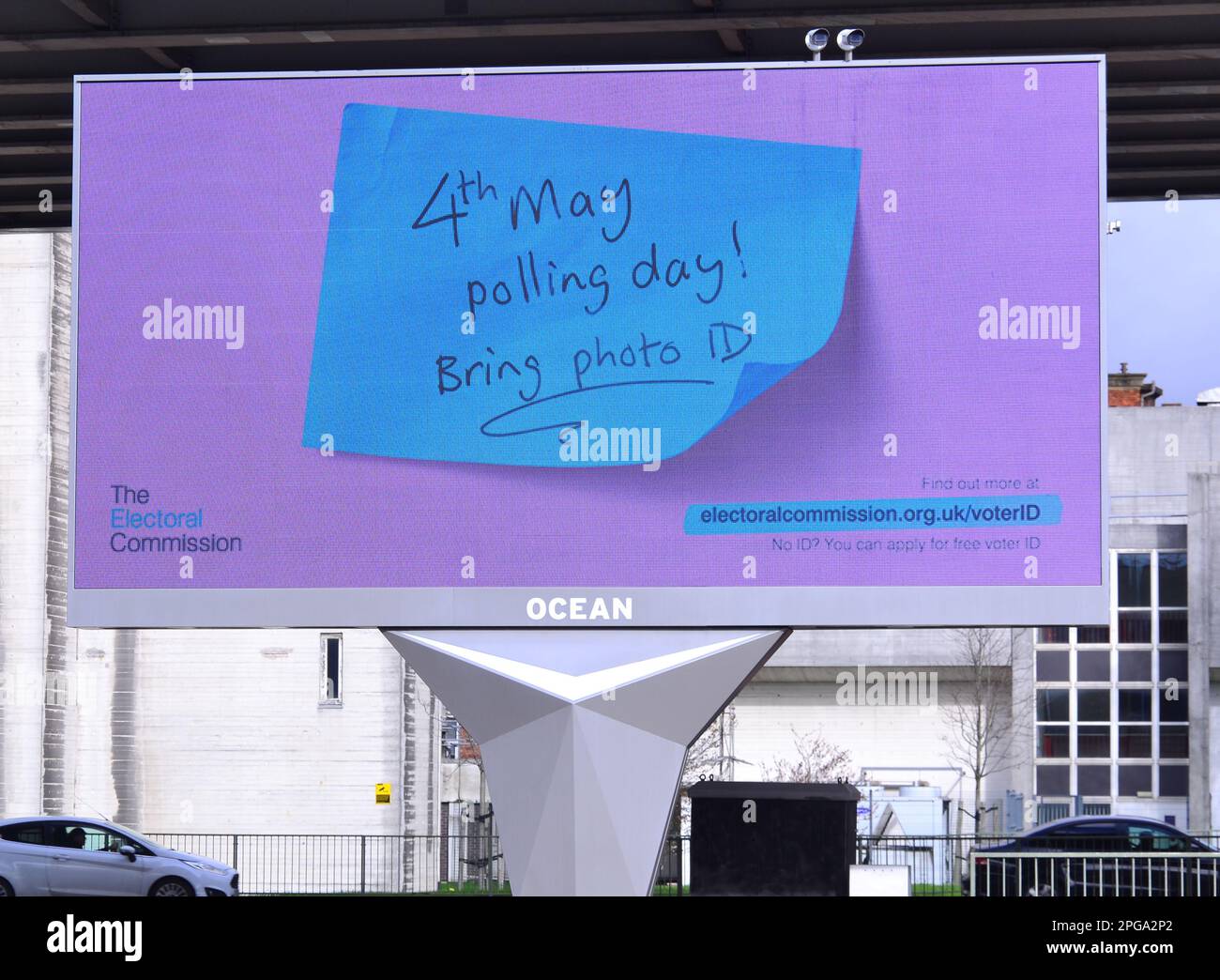 The Electoral Commission uses an electronic billboard in Manchester, UK, to inform people that voters in England will need to show voter ID in future. People in England will need to show photo ID in order to vote in person at the local elections on 4th May, 2023. The government intends this measure to help stop voter fraud. People who oppose the new measure think it will make it harder for some people to vote. Voters will have to show a photo ID to get their ballot paper in polling stations at local elections, police and crime commissioner elections, and parliamentary by-elections. Stock Photo