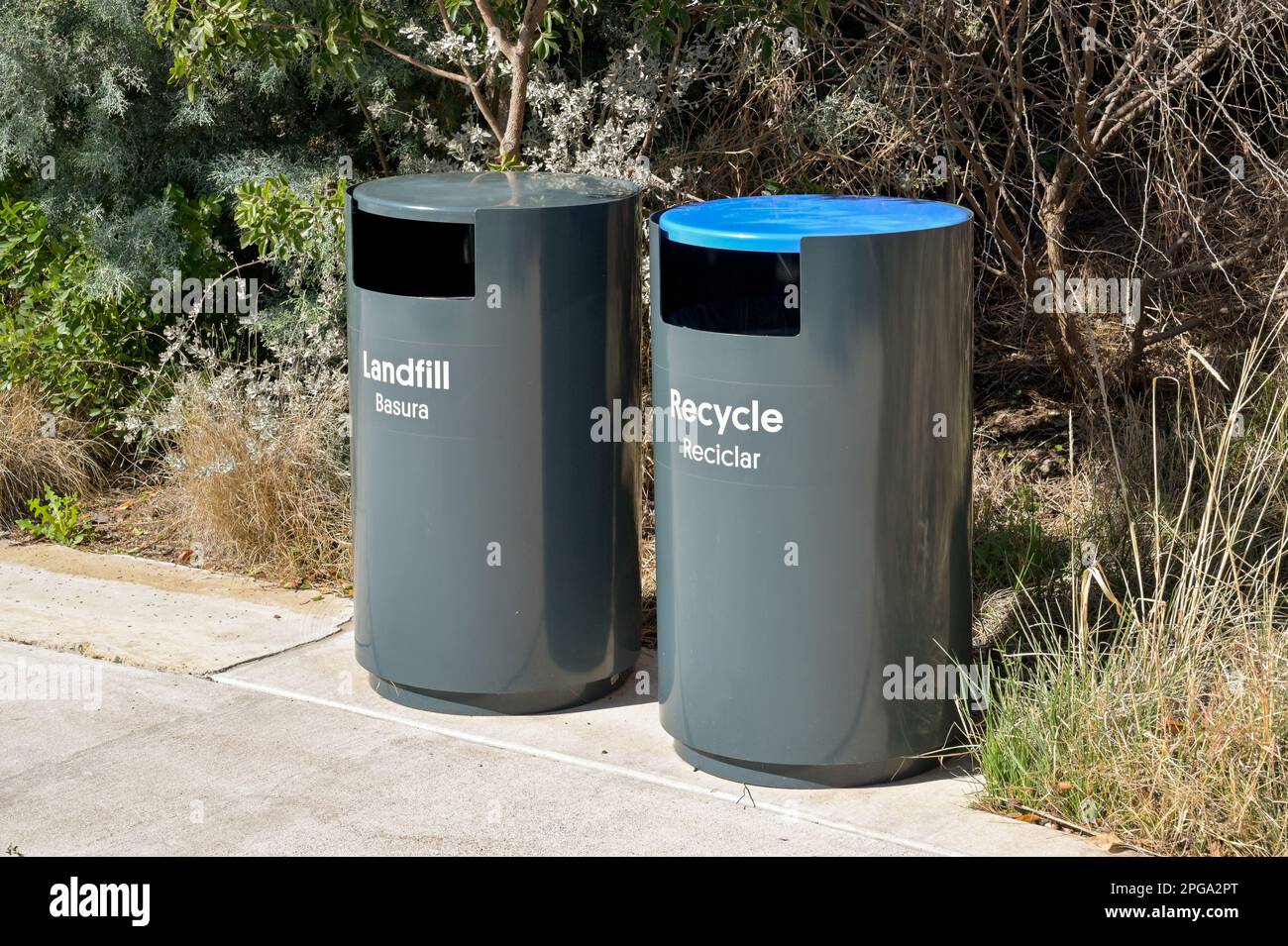 Austin, Texas, USA February 2023 Bins for recycling and landfill