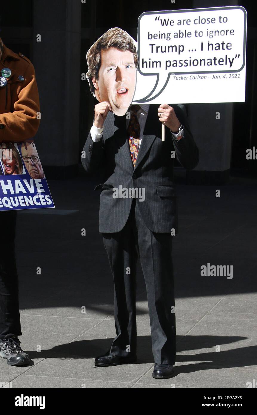 New York, NY, USA. 21st Mar, 2023. Anti-Fox News protestor seen outside FOX Plaza on the day of Donald Trump's indictment at the News Corporation building in New York City on March 21, 2023. Credit: Rw/Media Punch/Alamy Live News Stock Photo