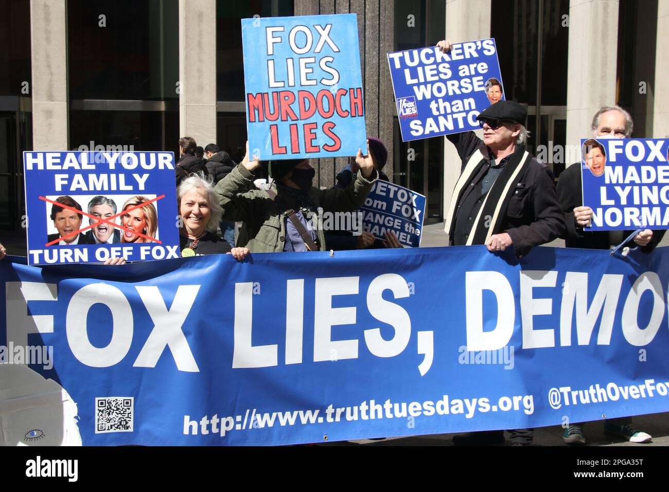 New York, NY, USA. 21st Mar, 2023. Anti-Fox News protestors seen outside FOX Plaza on the day of Donald Trump's indictment at the News Corporation building in New York City on March 21, 2023. Credit: Rw/Media Punch/Alamy Live News Stock Photo