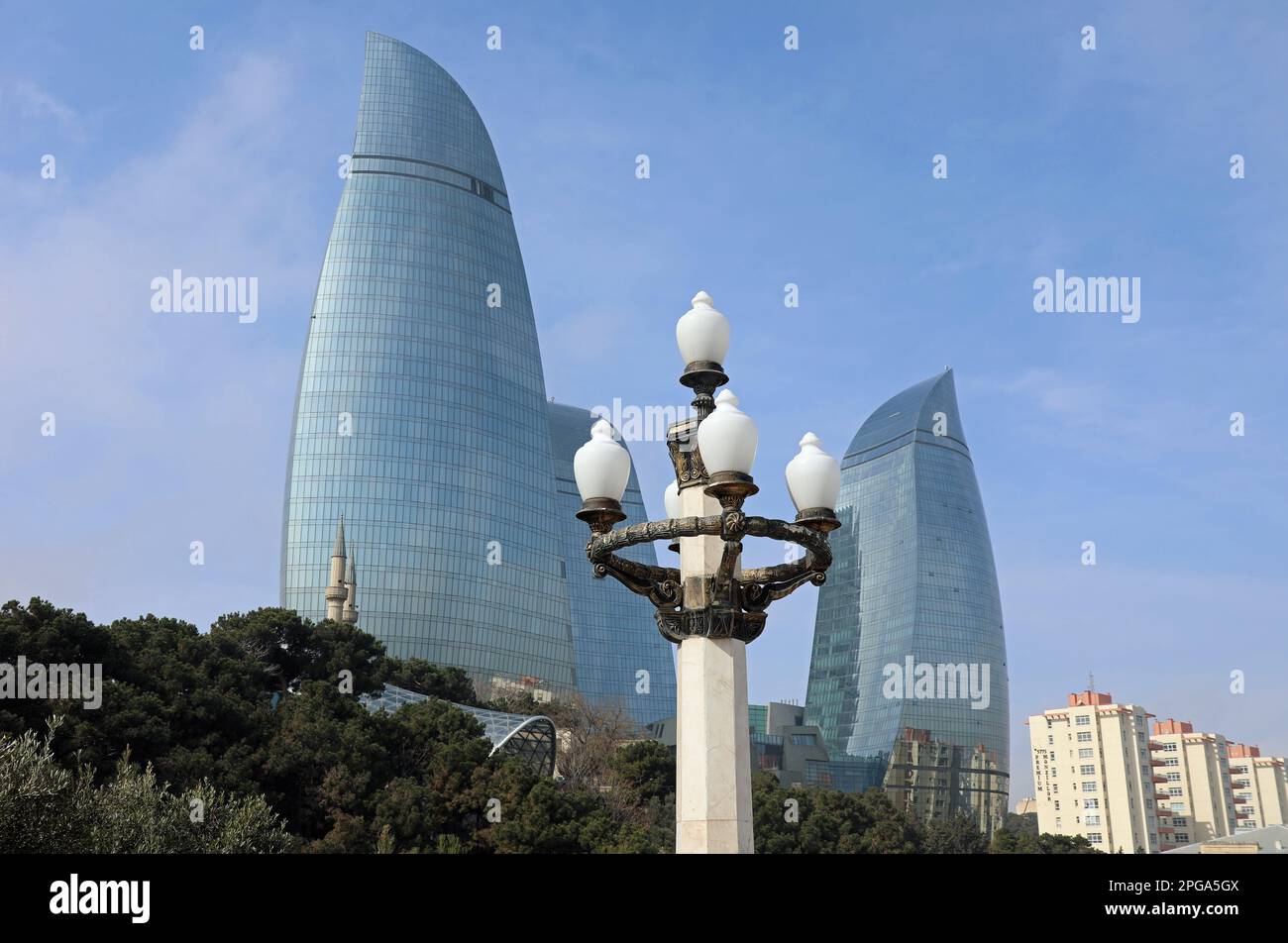 The Flame Towers from Upland Park in Baku Stock Photo