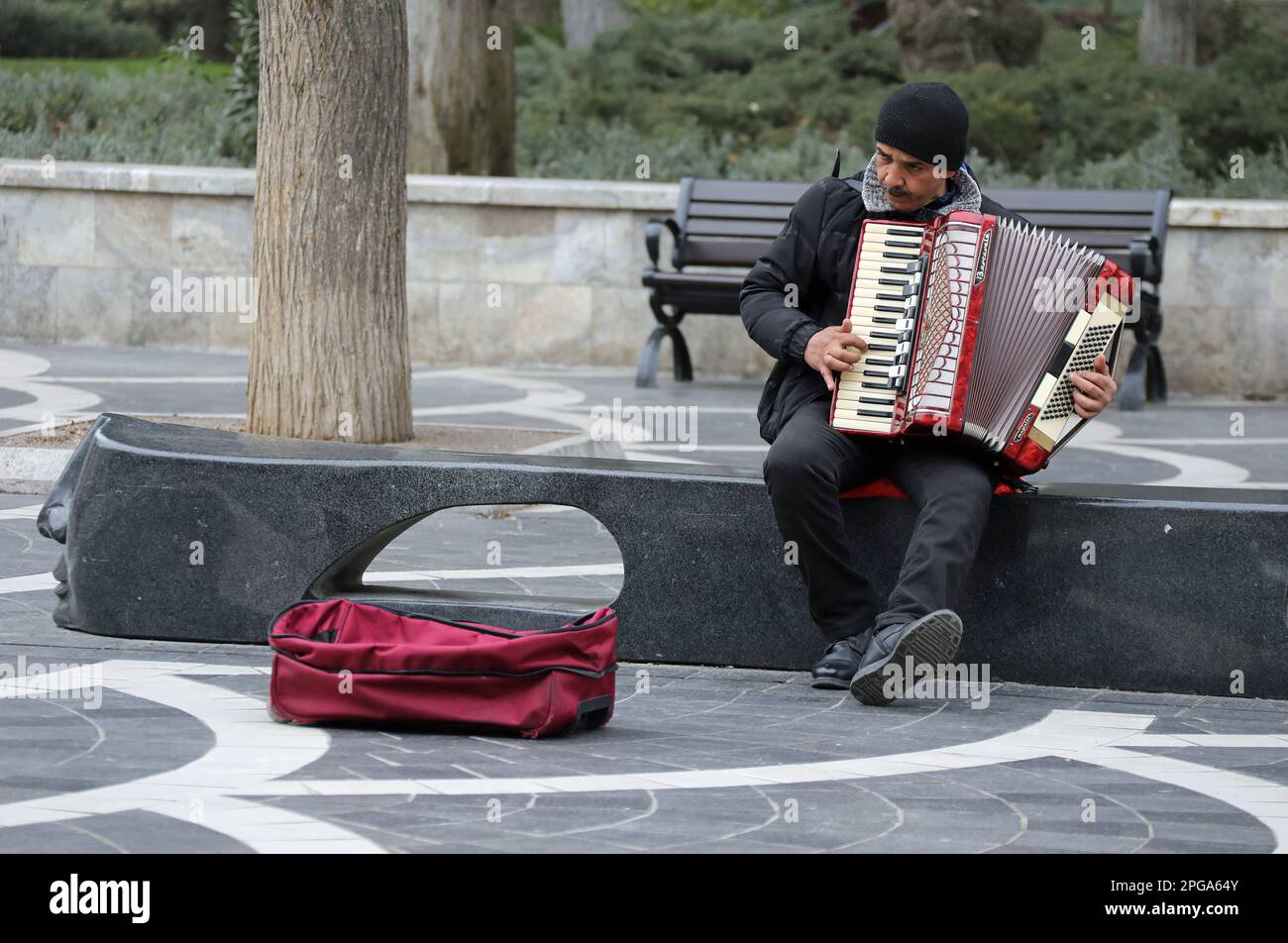 Accordionist at Fountains Square in Baku Stock Photo