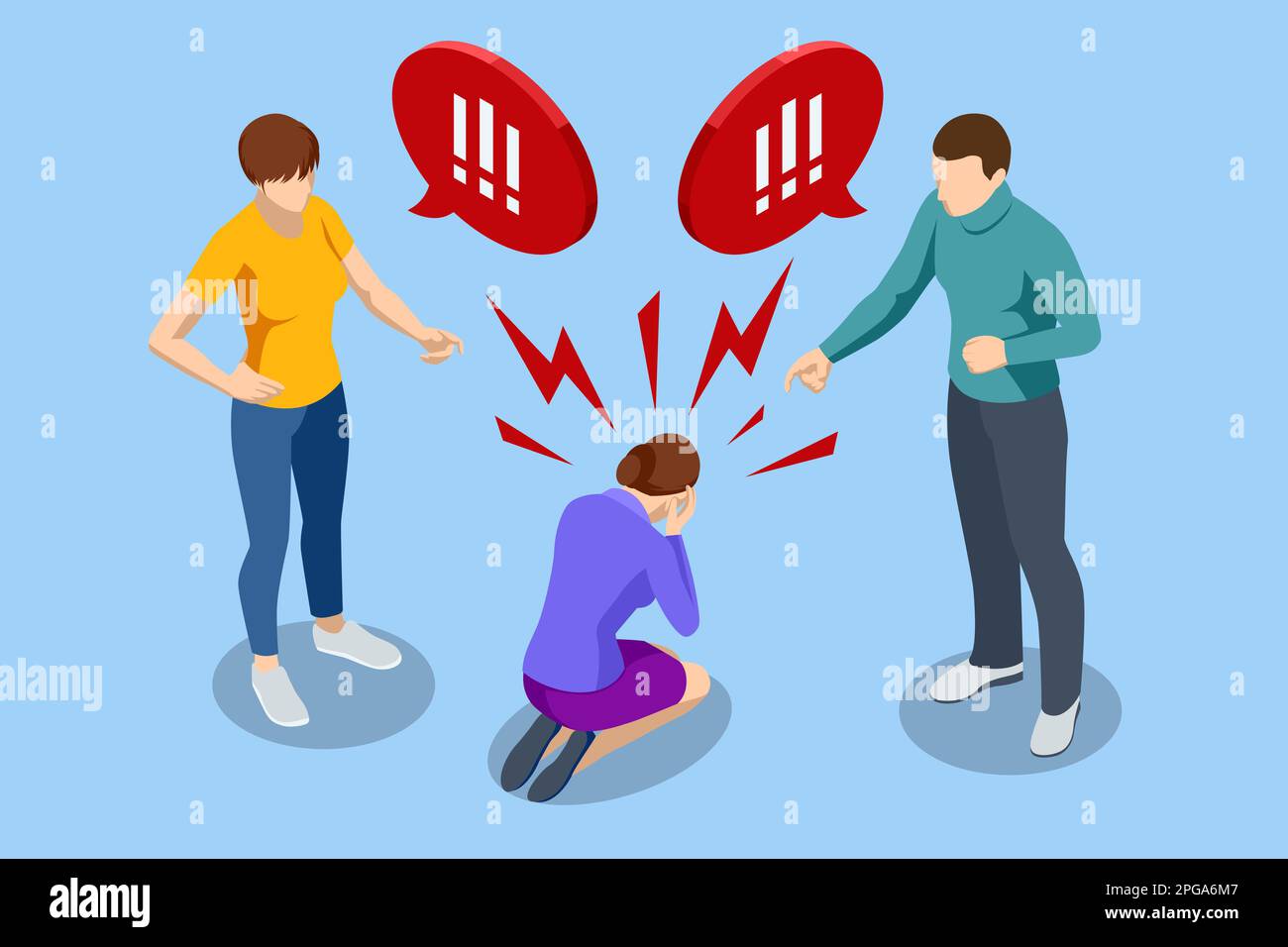 Isometric Bullying, gossip violent, rumors, discredit, bullying, insult, racist, threat, harassment, lies, and impersonate. People bullying a sad Stock Vector