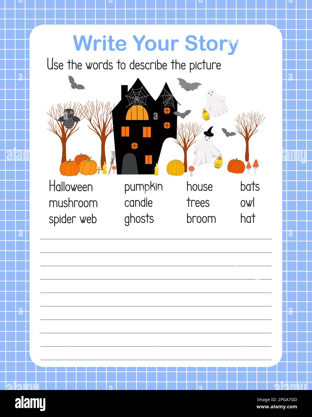 Write a story the English language grammar elementary level for kids, learning concept vector illustration, educational worksheet describe a picture using topical vocabulary words Halloween holiday Stock Vector
