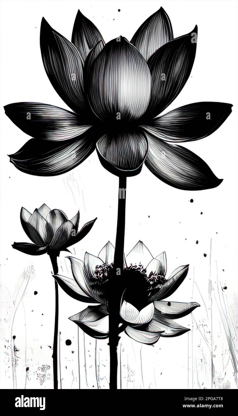 black and white drawing of a lotus flower close-up, monochrome graphics, art Stock Photo
