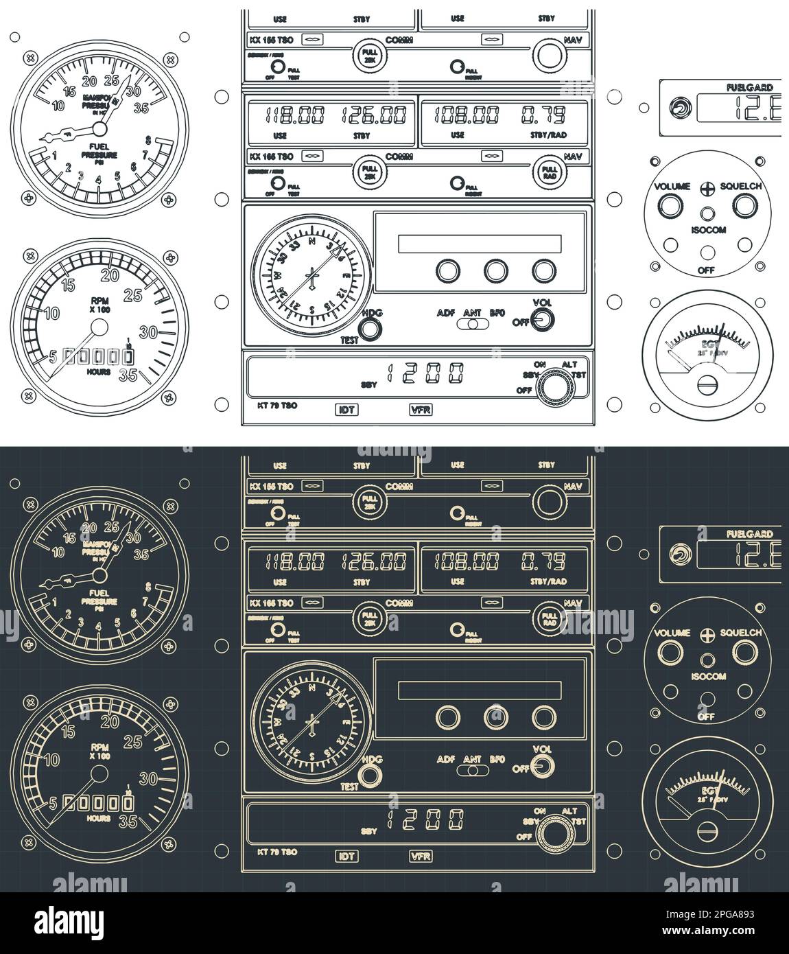 Stylized vector illustration of an airplane control dashboard close up Stock Vector