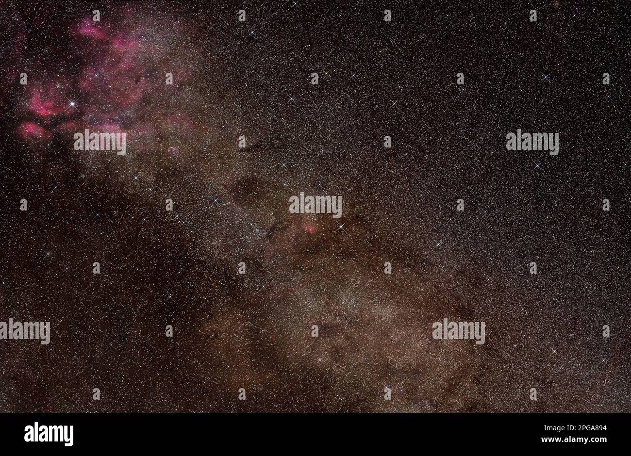 Night sky, many stars with milky way around Cygnus constellation, Red purple nebulosity around Sadr star visible. Long exposure stacked photo Stock Photo