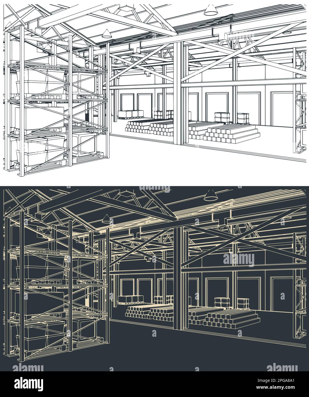 Stylized vector illustration of a large warehouse with boxes, shelves ...