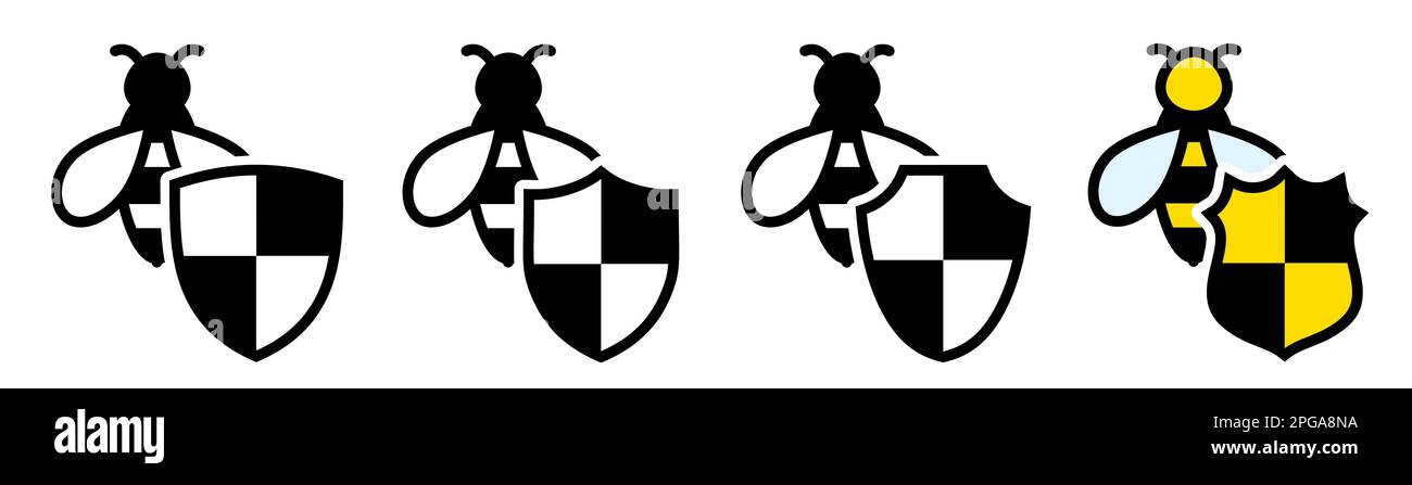 Bee icon behind shield, different versions. Honey bees protection concept Stock Vector