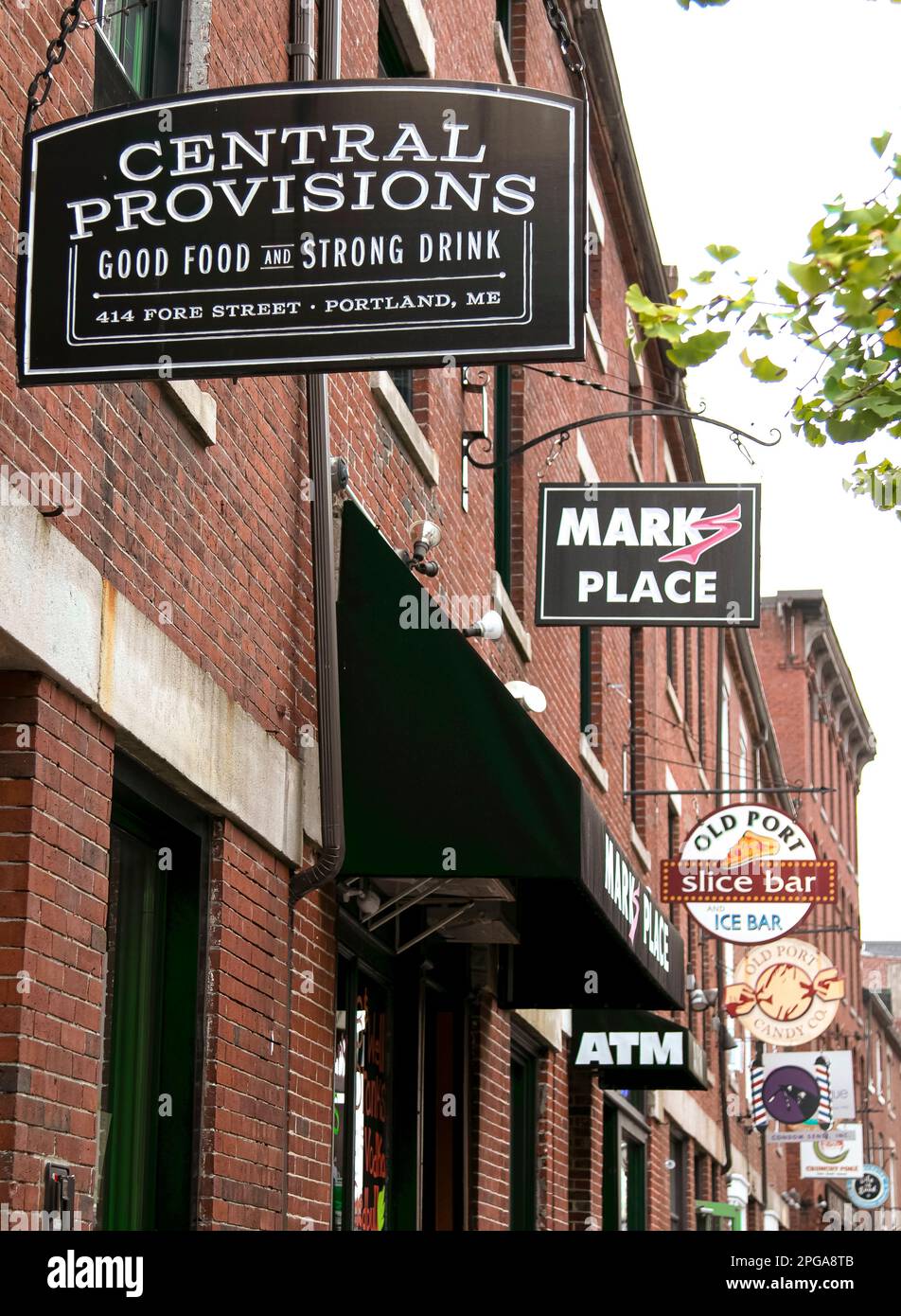 USA; Maine Portland; Commercial Street; businesses on side streets