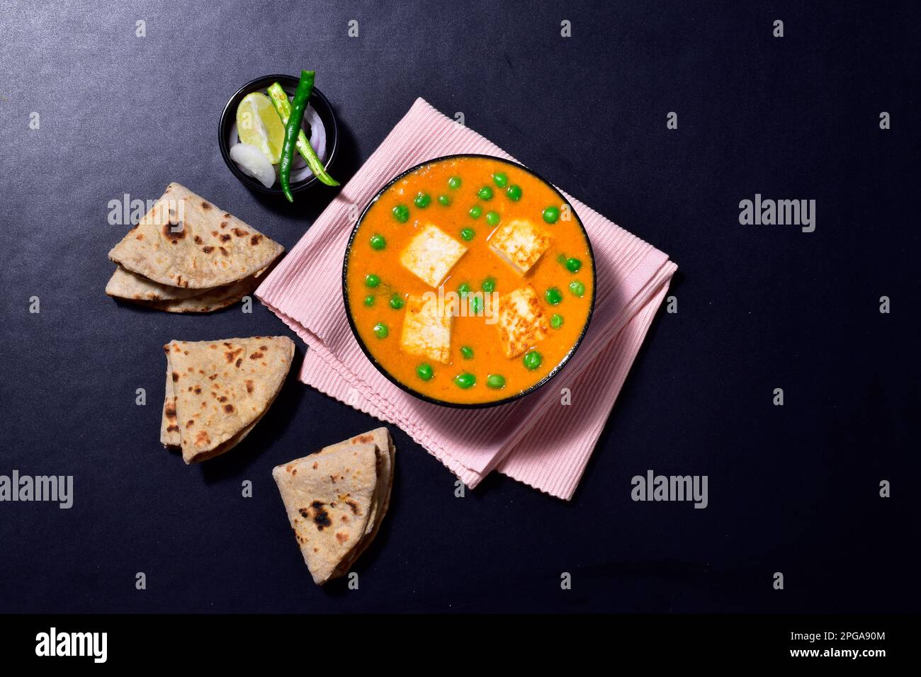 Top view of matar paneer with roti , healthy indian food Stock Photo