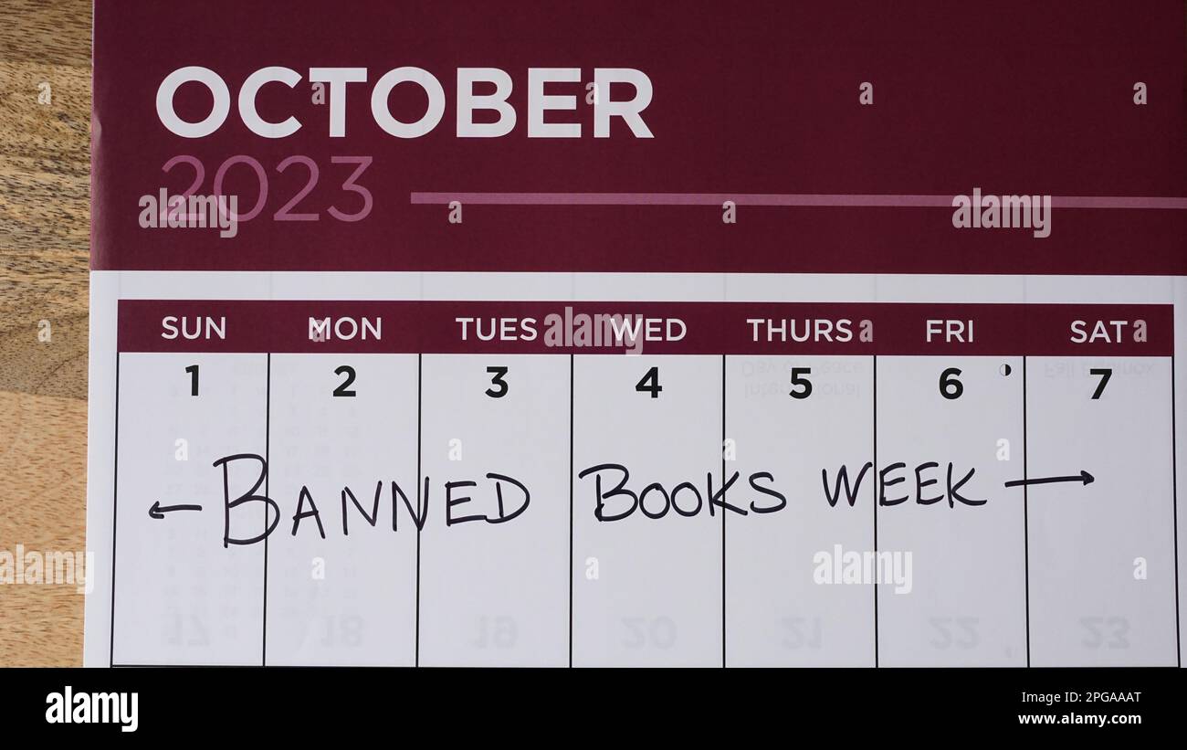 Banned Books Week marked on a calendar for the first week of October 2023. Stock Photo