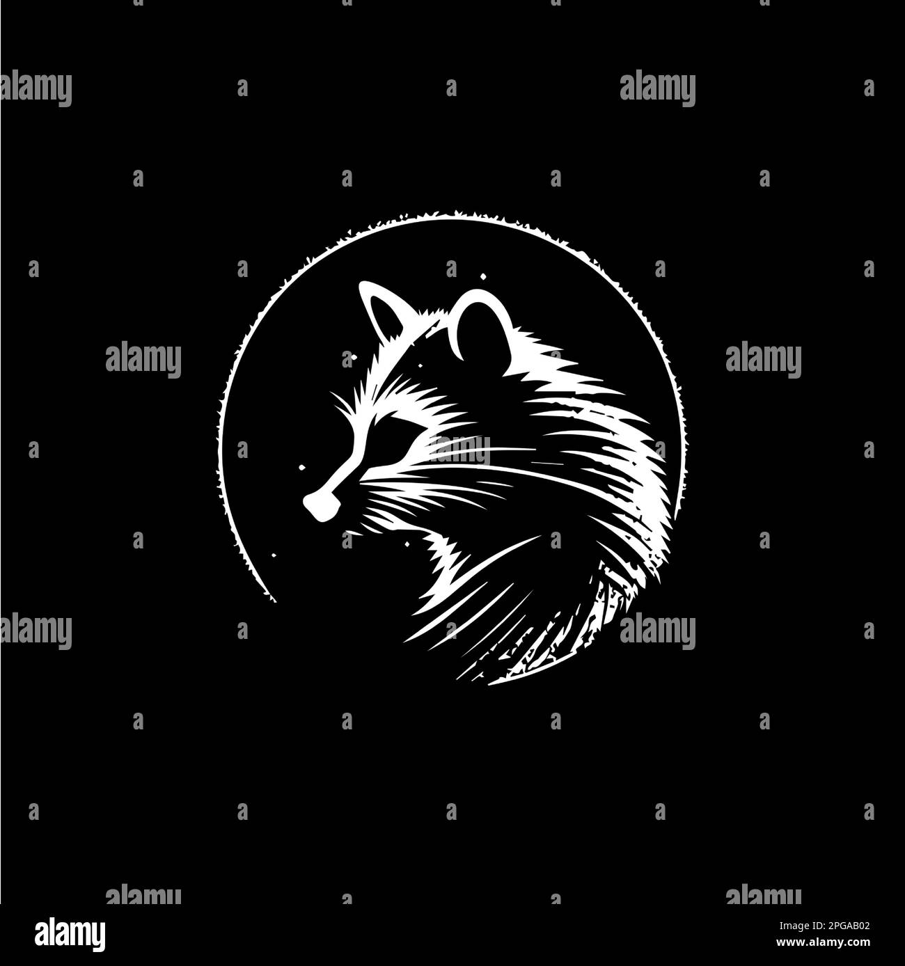 Raccoon head dotwork tattoo with dots shading, wild animal logo template, tippling tattoo. Hand drawing bird emblem on black background for body art Stock Vector