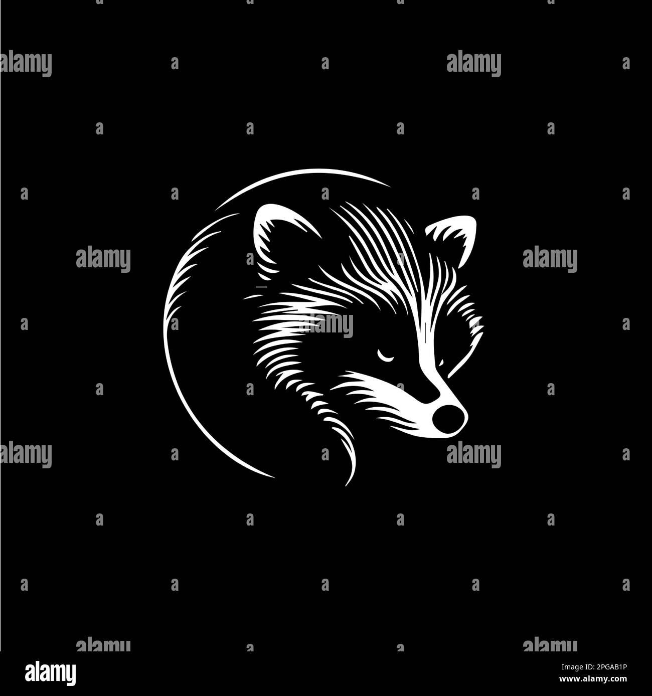 Raccoon head dotwork tattoo with dots shading, wild animal logo template, tippling tattoo. Hand drawing bird emblem on black background for body art Stock Vector