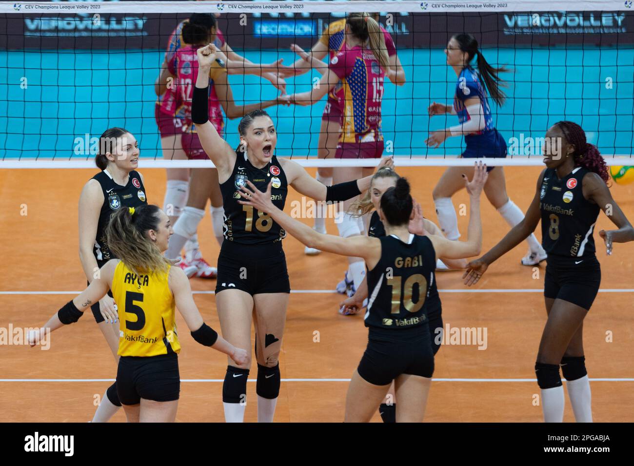 Exultation of Zehra Gunes (Vakifbank Istanbul) and teammates Stock Photo