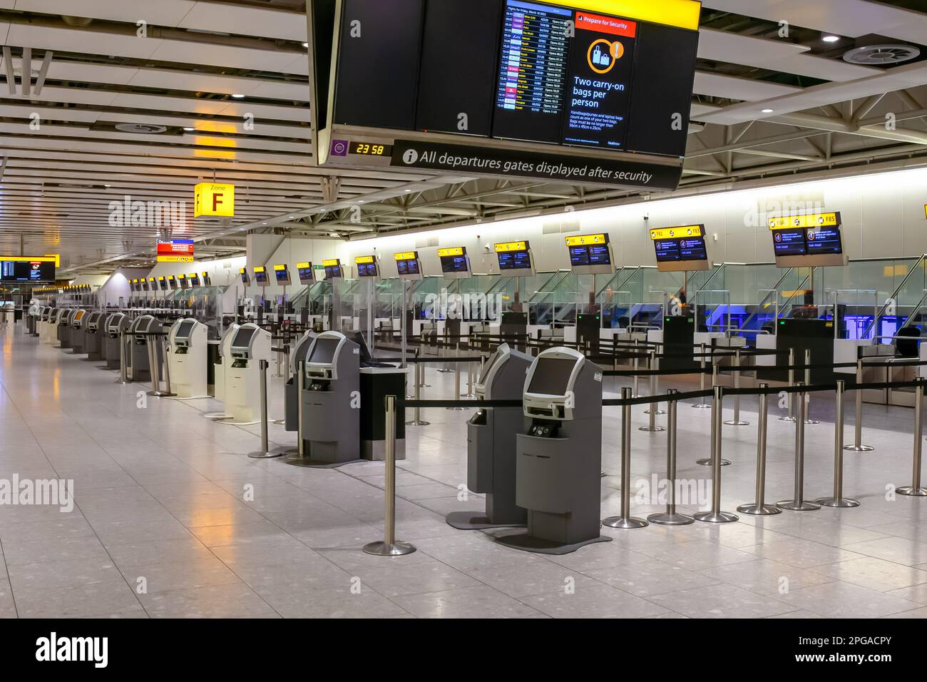HEATHROW AIRPORT, LONDON, 9TH MARCH 2023 Airport check in desks at