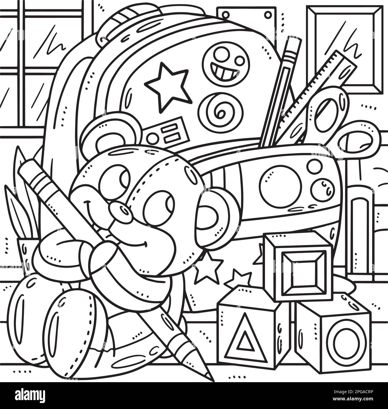 Back To School Bag and Stuffed Toy Coloring Page Stock Vector
