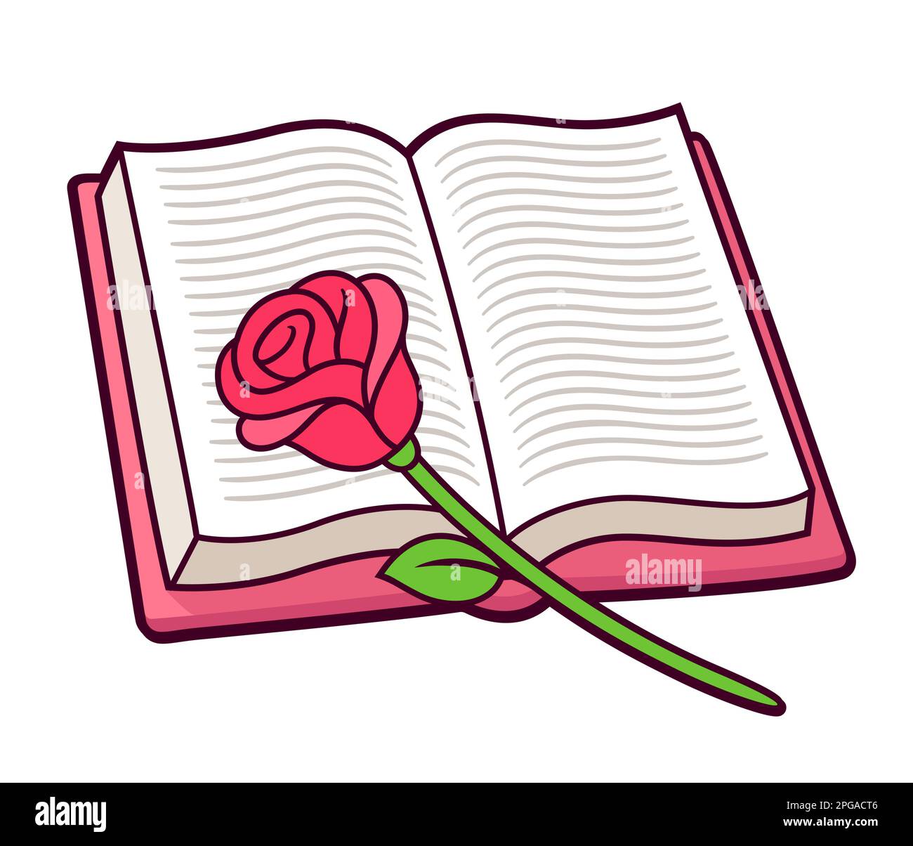 Red rose on open book, simple cartoon drawing. Romance novel reading. Vector clip art illustration. Stock Vector
