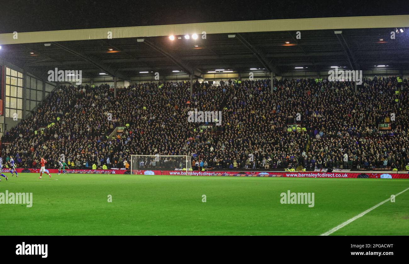 A packed away end during the Sky Bet League 1 match Barnsley vs Sheffield Wednesday at Oakwell, Barnsley, United Kingdom, 21st March 2023  (Photo by Mark Cosgrove/News Images) Stock Photo