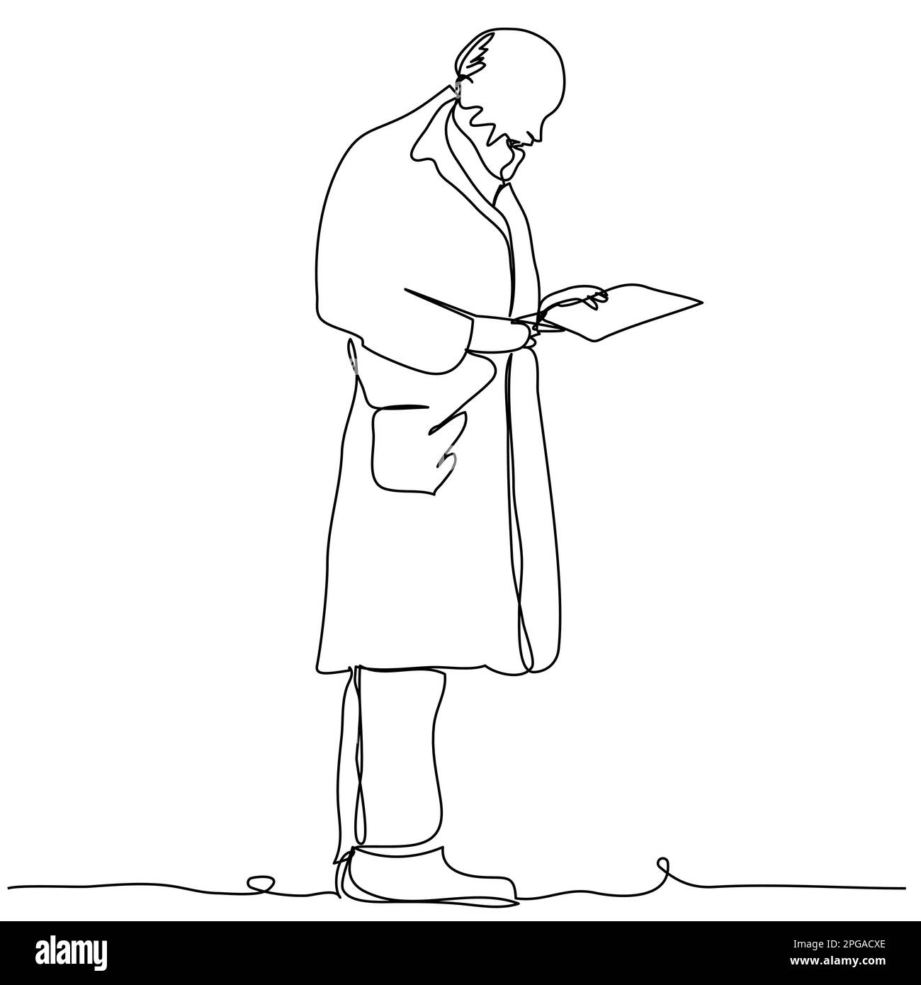 A old doctor with a beard in a bathrobe reads a sick patient's card in one line on a white background. Conceptual image of treatment in a hospital. St Stock Vector