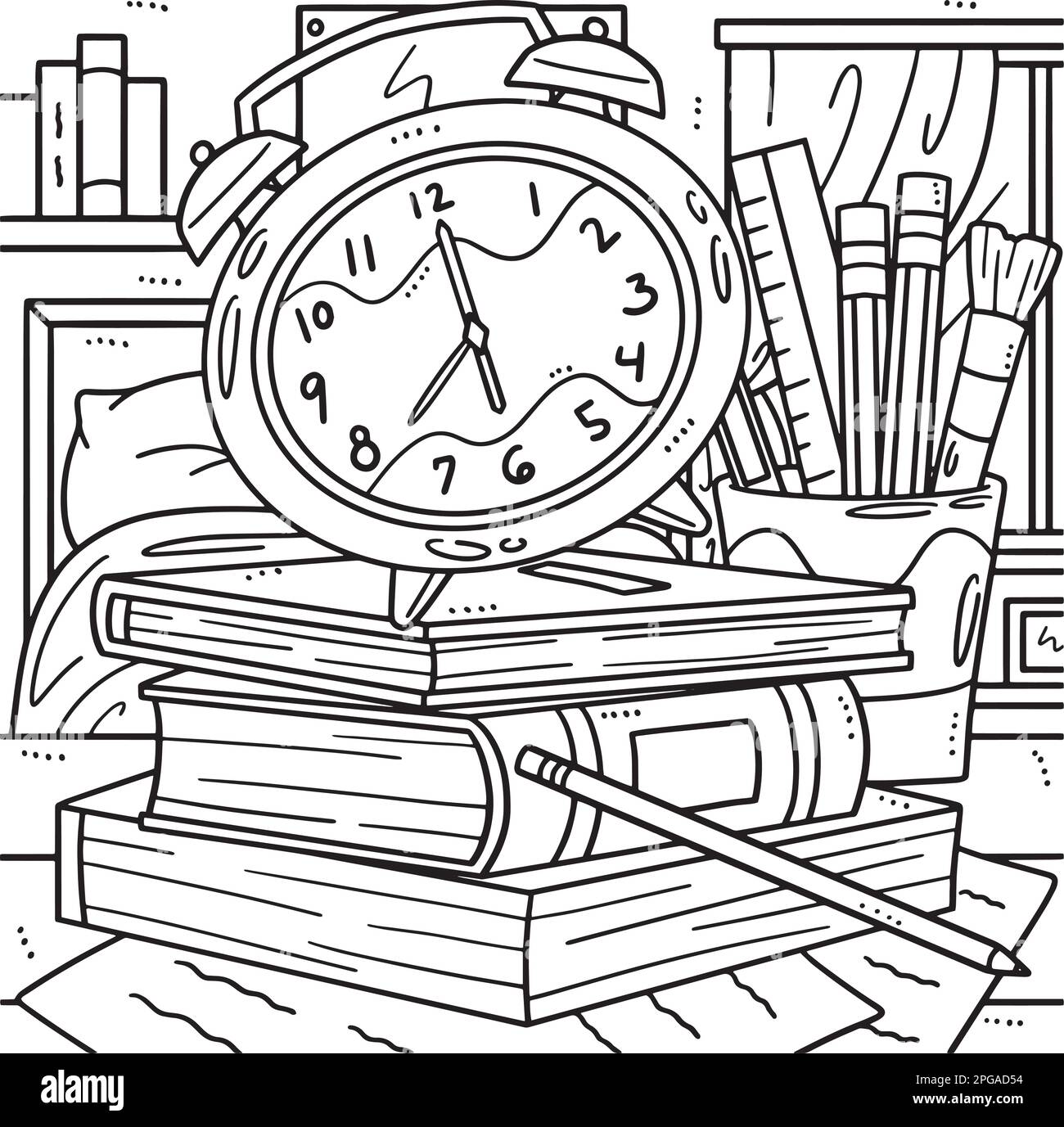 Back To School Alarm Clock and Books Coloring Stock Vector Image & Art ...