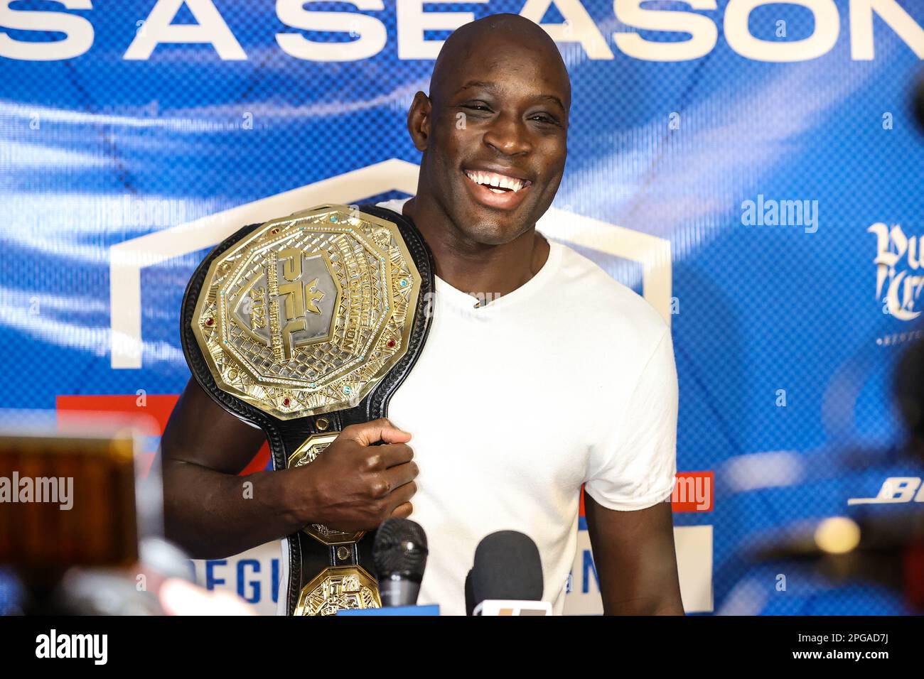 March 21, 2023: 2022 PFL Welterweight Champion Sadibou Sy speaks to media during the 2023 PFL Regular Season Media Day at Xtreme Couture MMA in Las Vegas, NV. Christopher Trim/CSM. Stock Photo