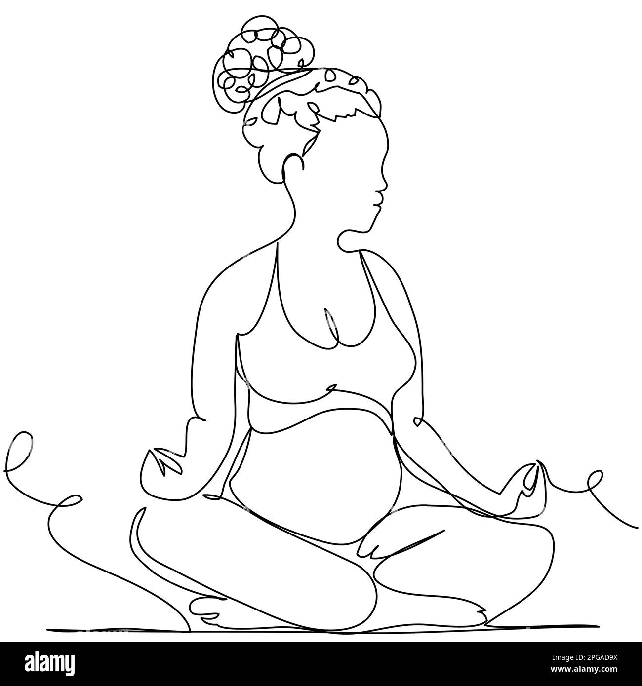 A pregnant girl with curls meditates in the lotus position with one line on a white background.  Stock Vector