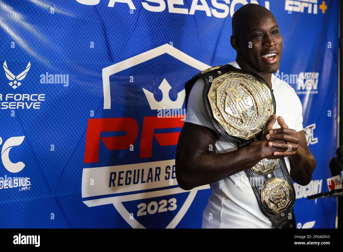 March 21, 2023: 2022 PFL Welterweight Champion Sadibou Sy speaks to media  during the 2023 PFL Regular Season Media Day at Xtreme Couture MMA in Las  Vegas, NV. Christopher Trim/CSM Stock Photo - Alamy